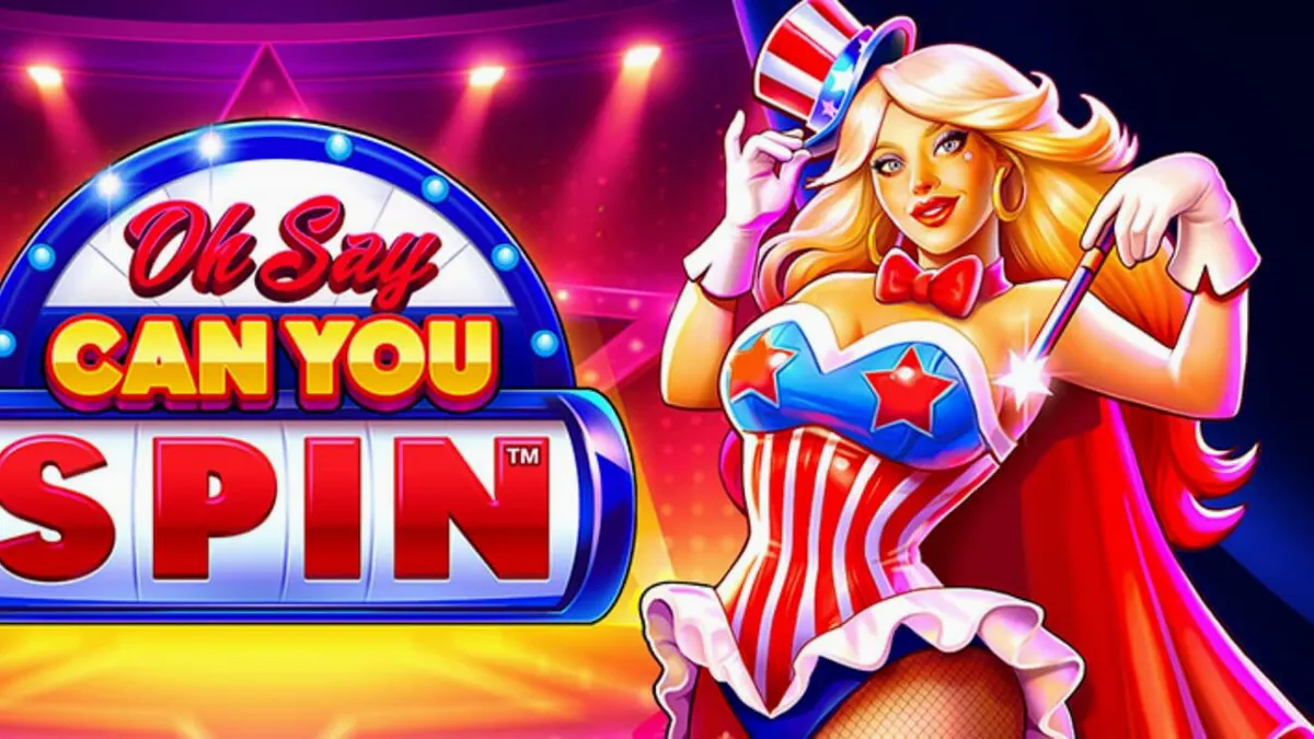 Tampilan visual mesin slot Oh Say Can You Spin dengan tema patriotik dan roda bonus.