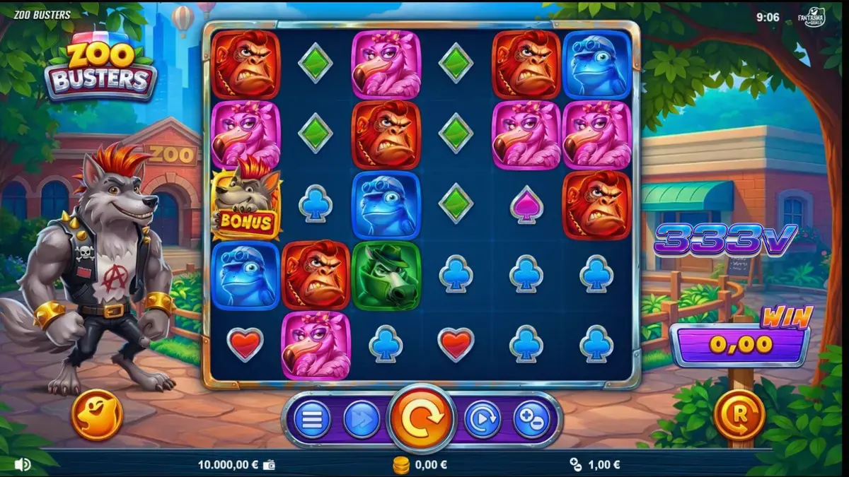 Tampilan visual slot Zoo Busters dengan karakter hewan punk